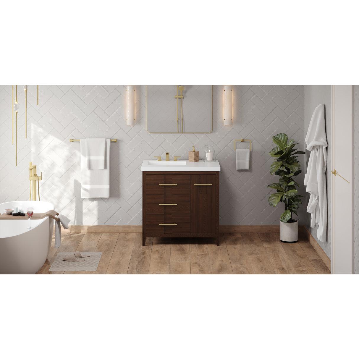 Jeffrey Alexander Katara 36" Dark Walnut Single Sink Bathroom Vanity with White Resin Top - 8 in. Widespread Faucet Top