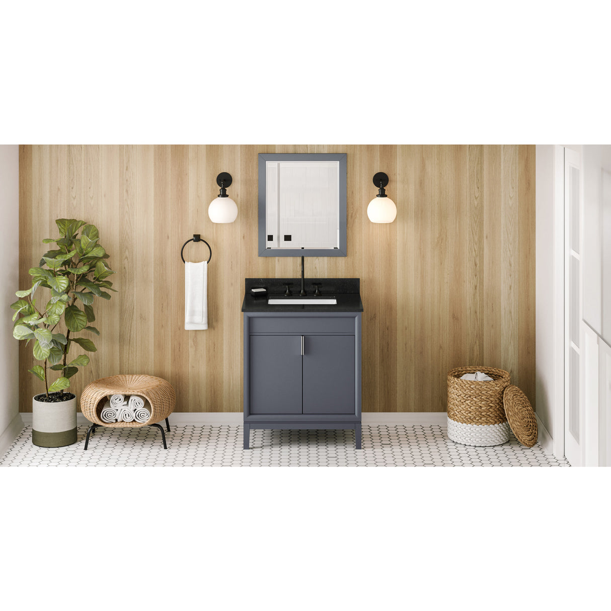 Jeffrey Alexander Theodora 30" Blue Steel Single Sink Bathroom Vanity with Black Granite Top - 8 in. Widespread Faucet Top