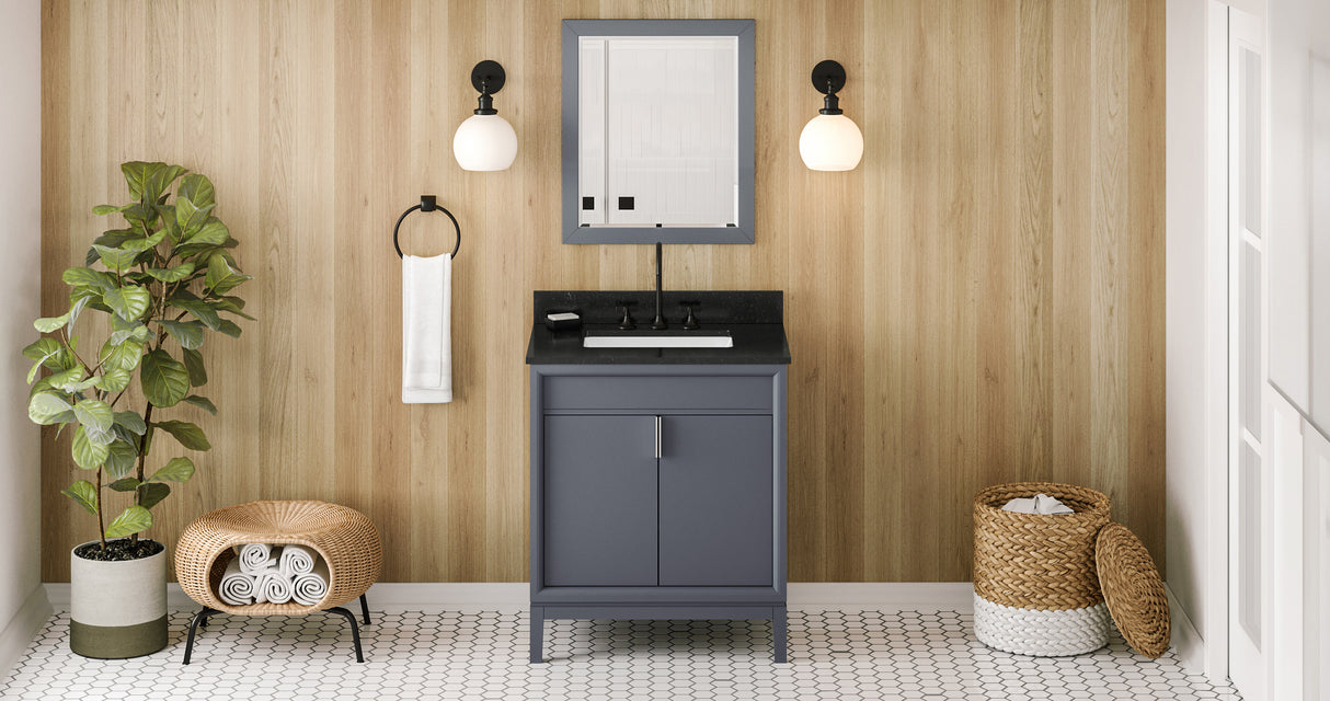 Jeffrey Alexander Theodora 30" Blue Steel Single Sink Bathroom Vanity with Black Granite Top - 8 in. Widespread Faucet Top product image 6
