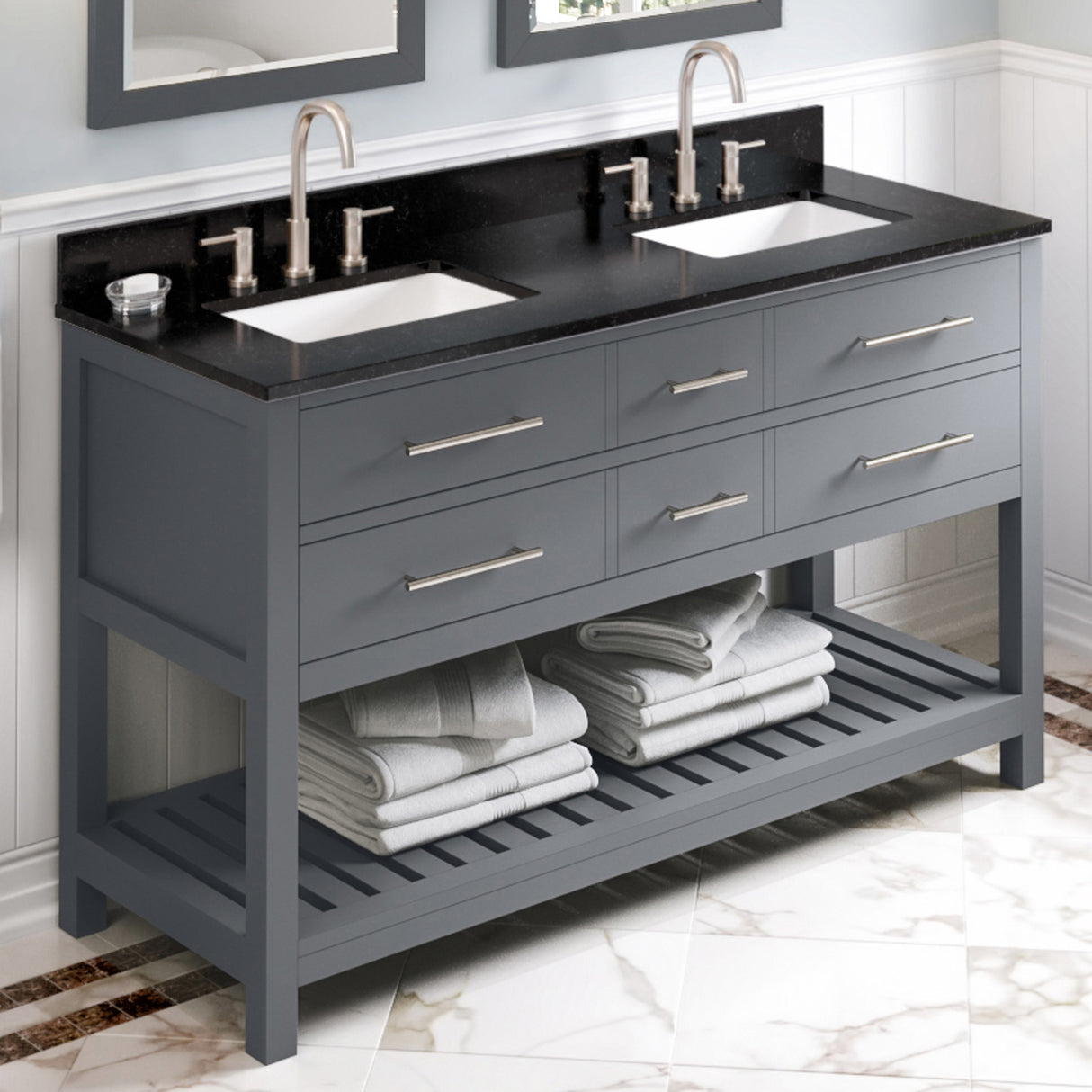 Jeffrey Alexander Wavecrest 60" Grey Double Sink Bathroom Vanity with Black Granite Top - 8 in. Widespread Faucet Top product image 2