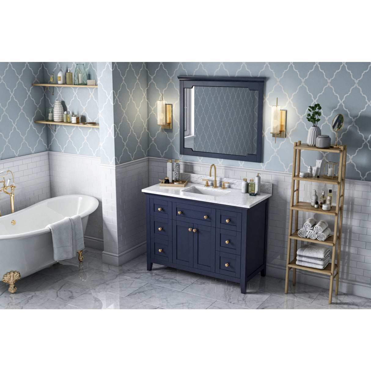 Jeffrey Alexander Chatham 48" Hale Blue Single Sink Bathroom Vanity with White Carrara Marble Top - 8 in. Widespread Faucet Top