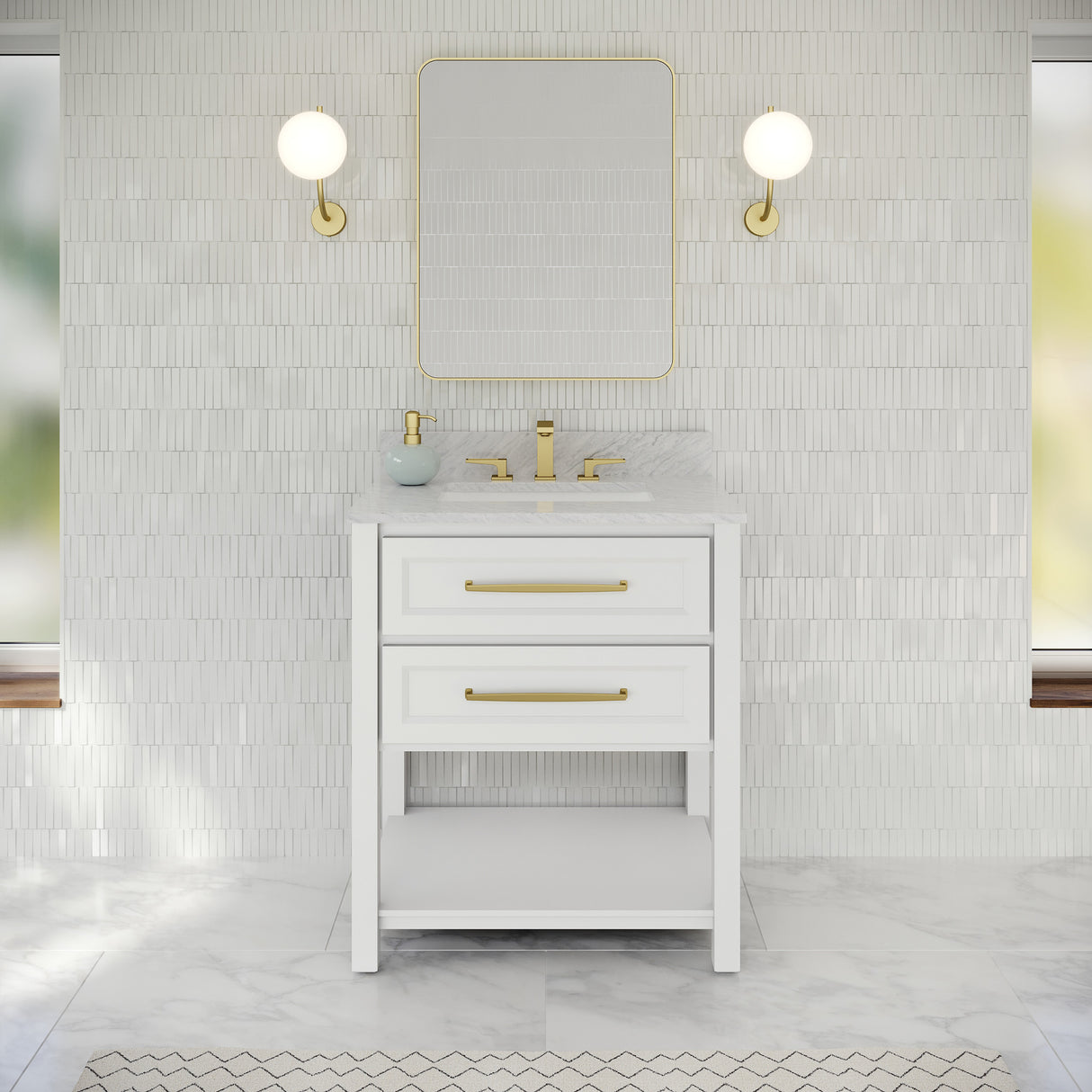 Jeffrey Alexander Kipling 31" White Single Sink Bathroom Vanity with White Carrara Marble Top - Single-Hole Faucet Top