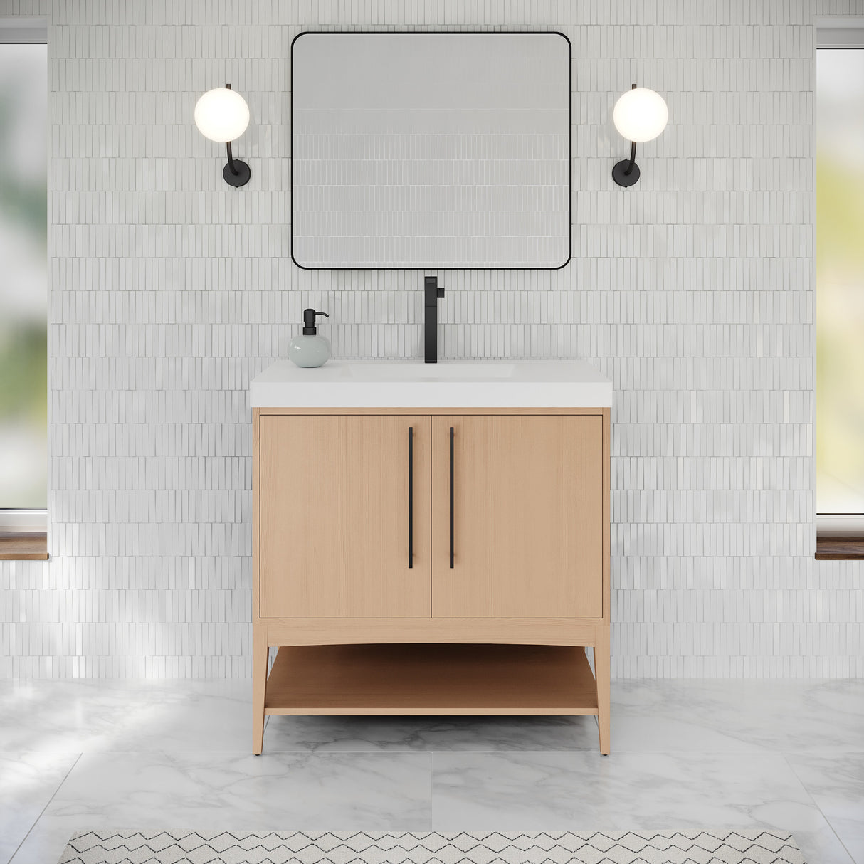 Jeffrey Alexander Tempest 36" Natural Oak Single Sink Bathroom Vanity with White Resin Top - Single-Hole Faucet Top - VKTEM36NOWDNORE product image 2