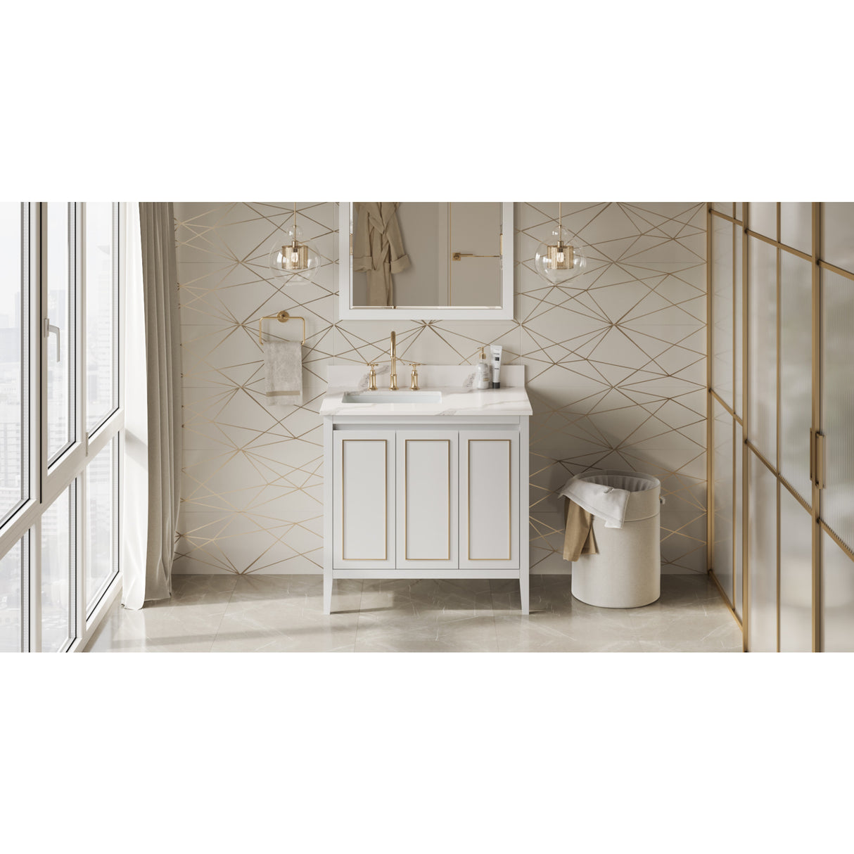 Jeffrey Alexander Percival 36" White Single Sink Bathroom Vanity with Calacatta Vienna Quartz Top - 8 in. Widespread Faucet Top