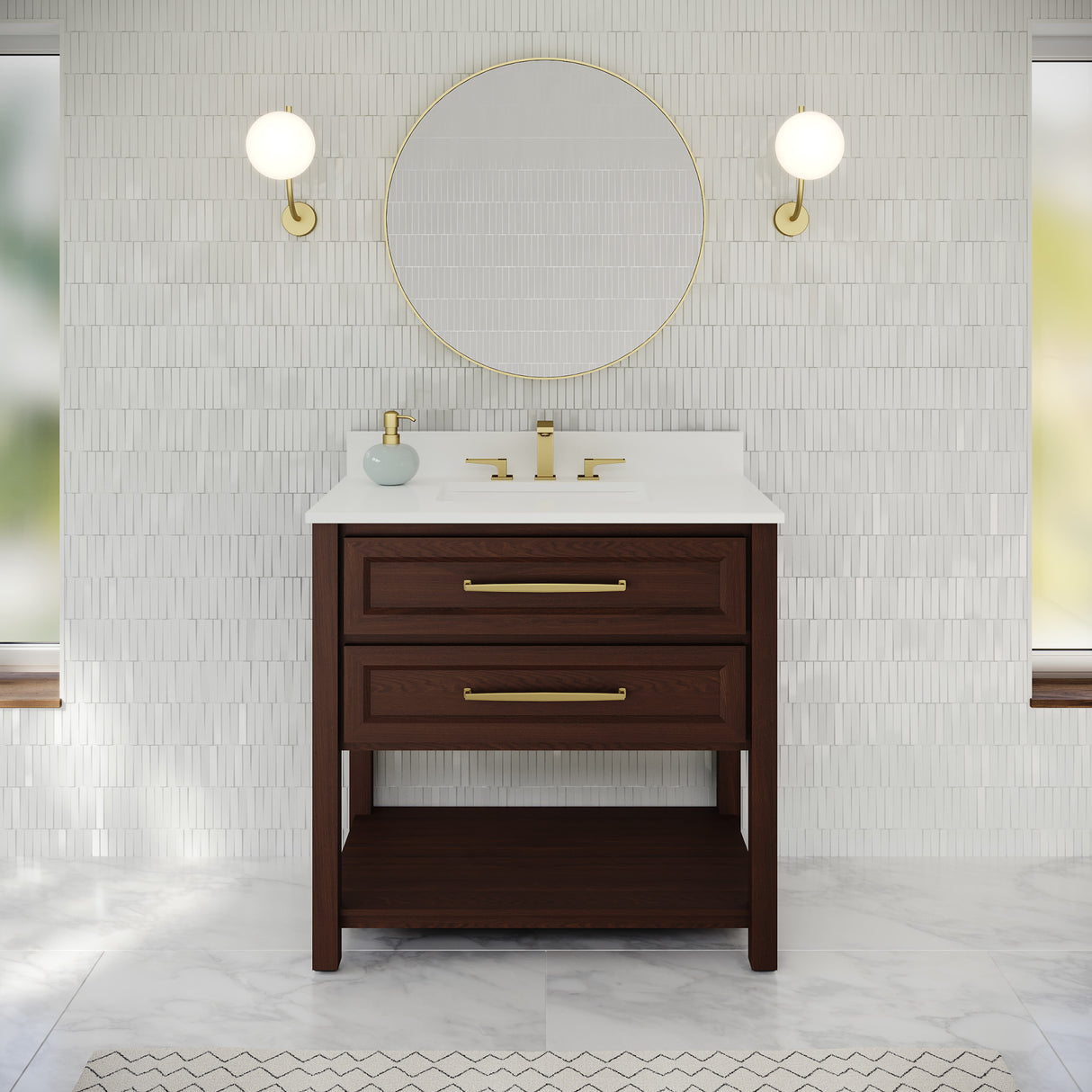 Jeffrey Alexander Kipling 37" Dark Walnut Single Sink Bathroom Vanity with White Quartz Top - Single-Hole Faucet Top