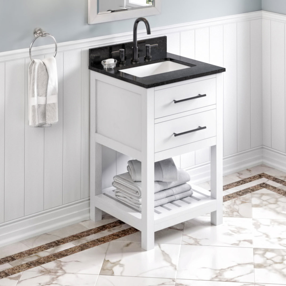 Jeffrey Alexander Wavecrest 24" White Single Sink Bathroom Vanity with Black Granite Top - 8 in. Widespread Faucet Top product image 2