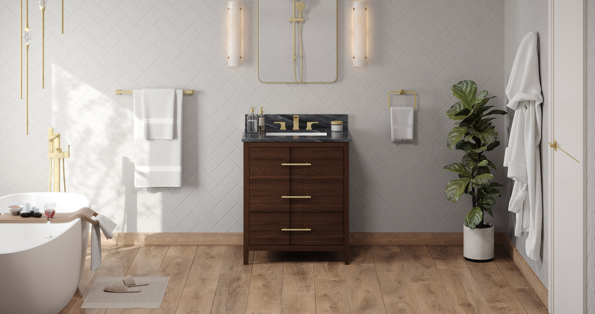 Jeffrey Alexander Katara 30" Dark Walnut Single Sink Bathroom Vanity with Grey Marble Top - 8 in. Widespread Faucet Top product image 6