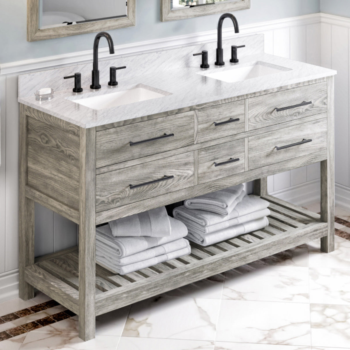 Jeffrey Alexander Wavecrest 60" Weathered Grey Double Sink Bathroom Vanity with White Carrara Marble Top - 8 in. Widespread Faucet Top product image 2