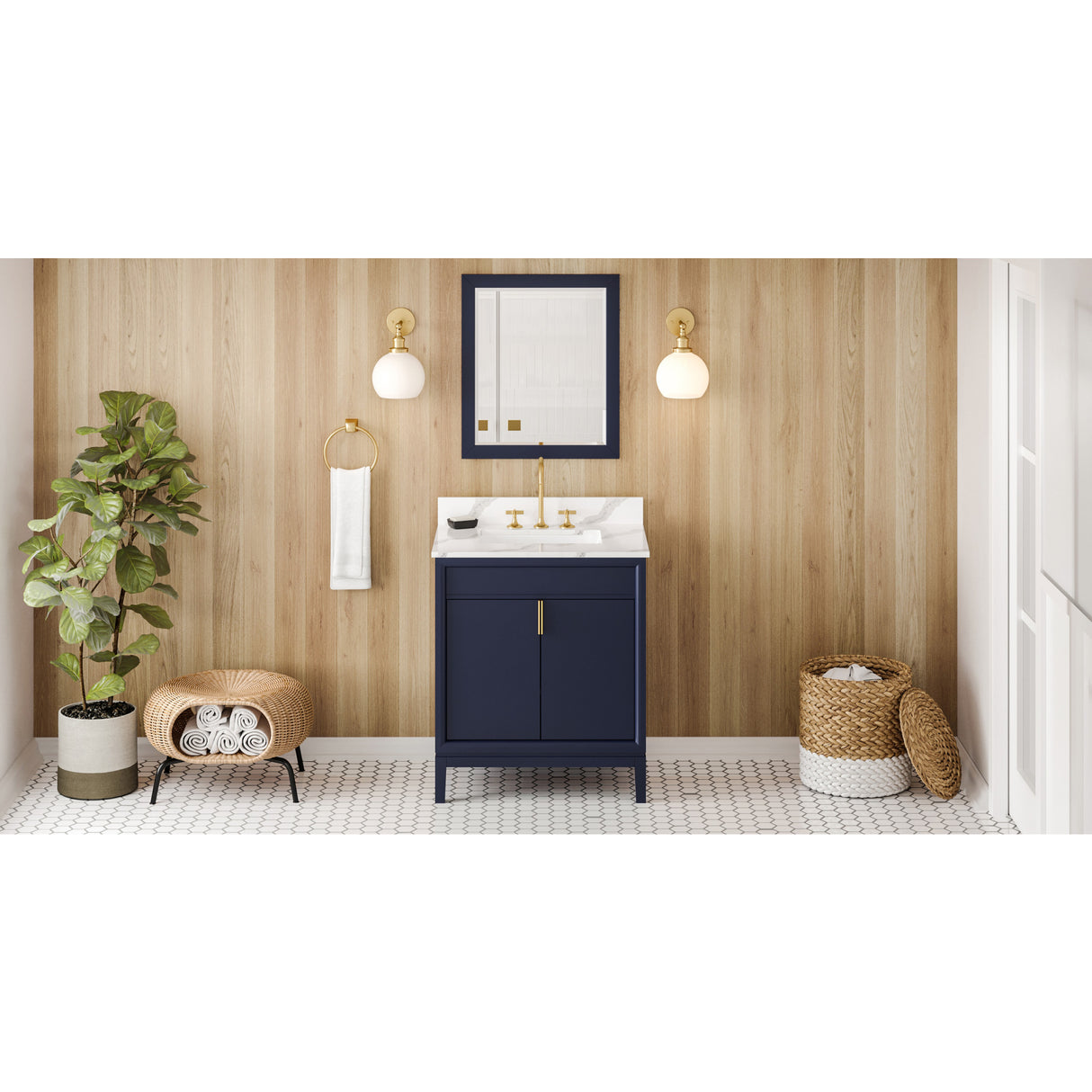 Jeffrey Alexander Theodora 30" Hale Blue Single Sink Bathroom Vanity with Calacatta Vienna Quartz Top - 8 in. Widespread Faucet Top