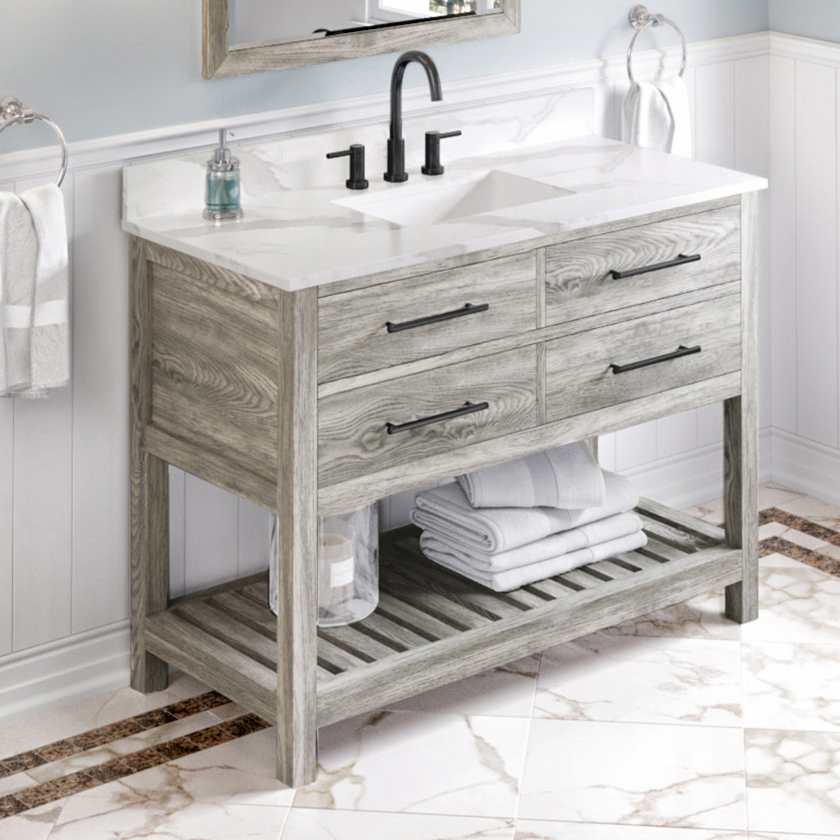 Jeffrey Alexander Wavecrest 48" Weathered Grey Single Sink Bathroom Vanity with Calacatta Vienna Quartz Top - 8 in. Widespread Faucet Top product image 2
