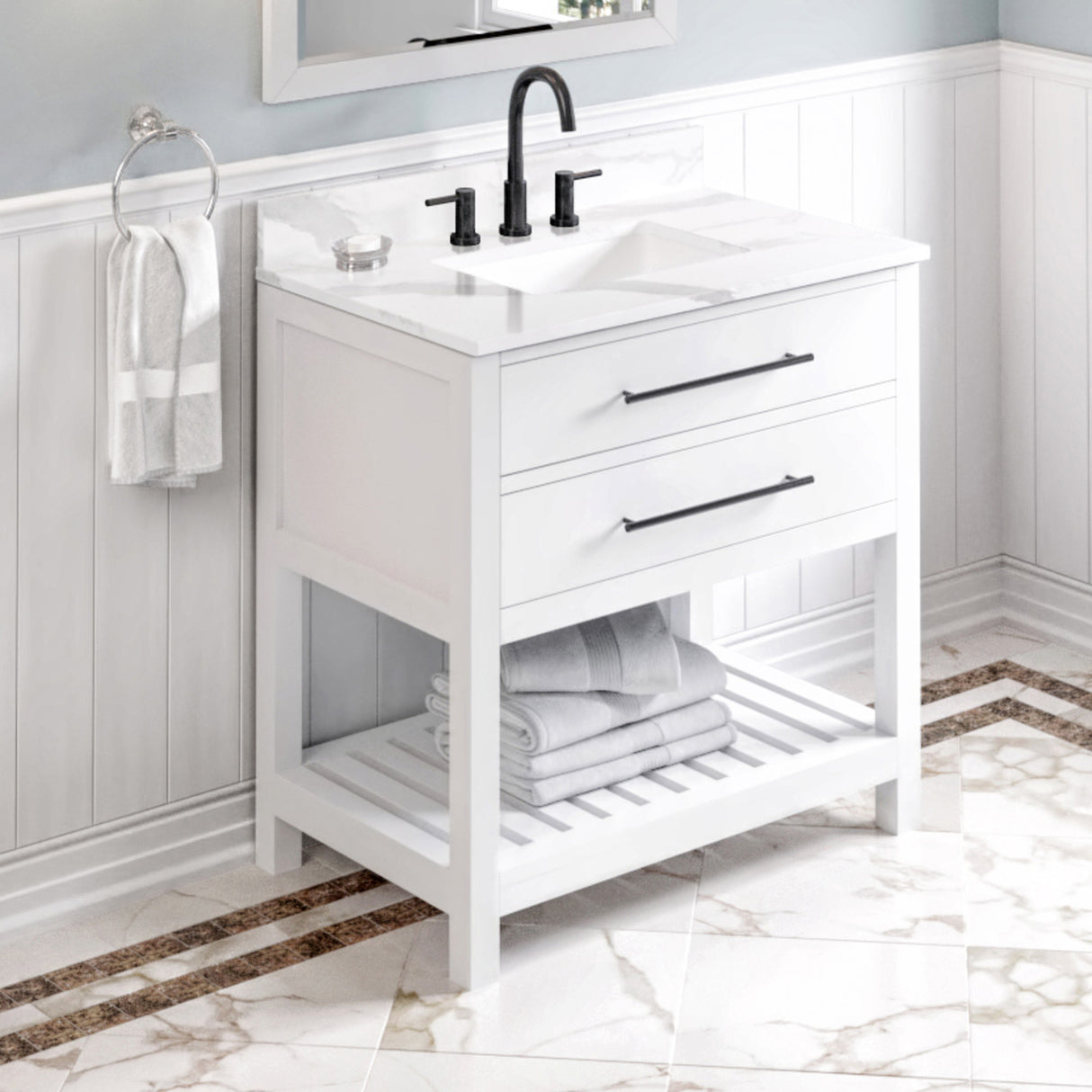 Jeffrey Alexander Wavecrest 36" White Single Sink Bathroom Vanity with Calacatta Vienna Quartz Top - 8 in. Widespread Faucet Top product image 2