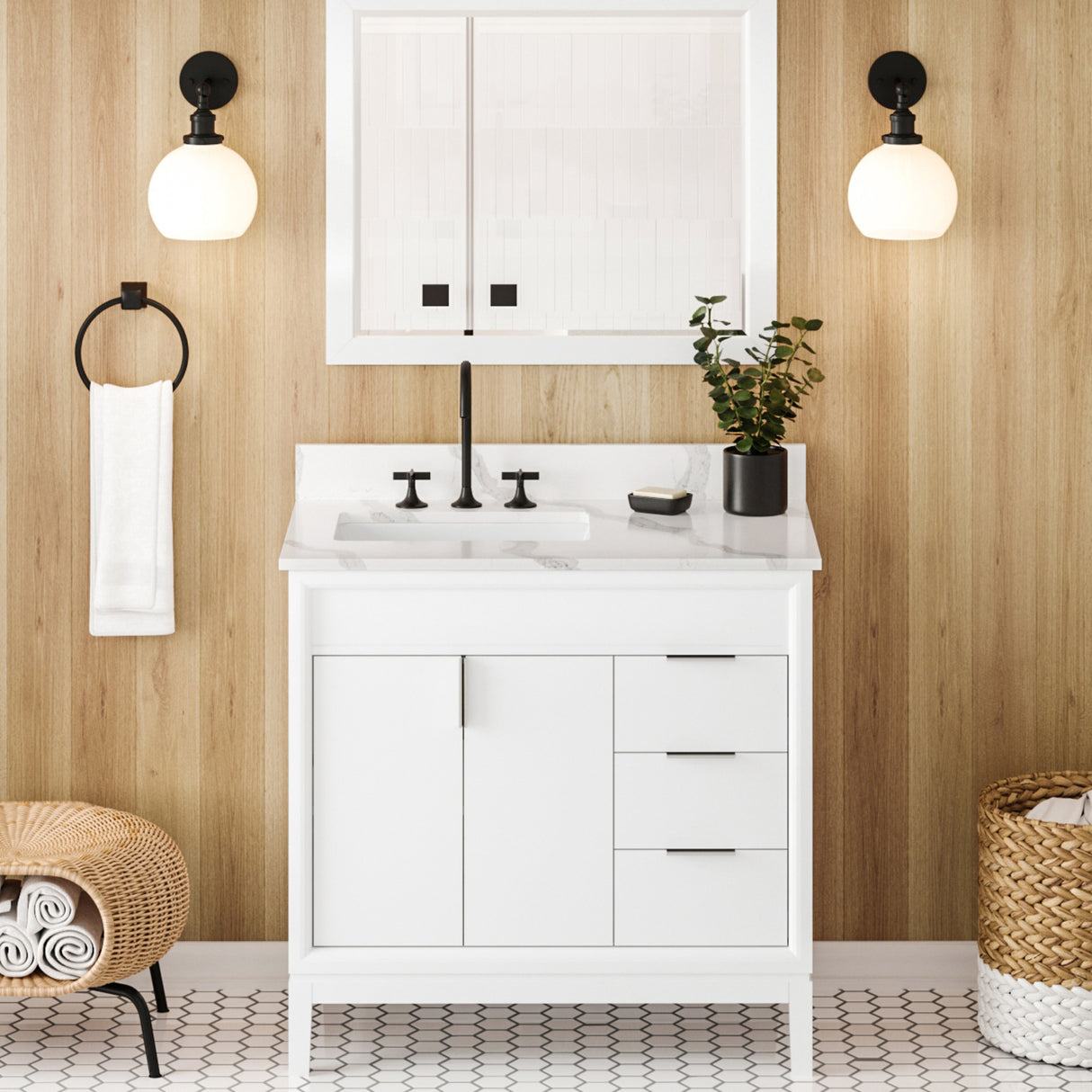 Jeffrey Alexander Theodora 36" White Single Sink Bathroom Vanity with Calacatta Vienna Quartz Top - 8 in. Widespread Faucet Top product image 2