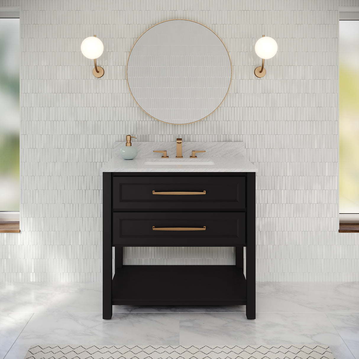 Jeffrey Alexander Kipling 37" Black Single Sink Bathroom Vanity with White Carrara Marble Top - Single-Hole Faucet Top