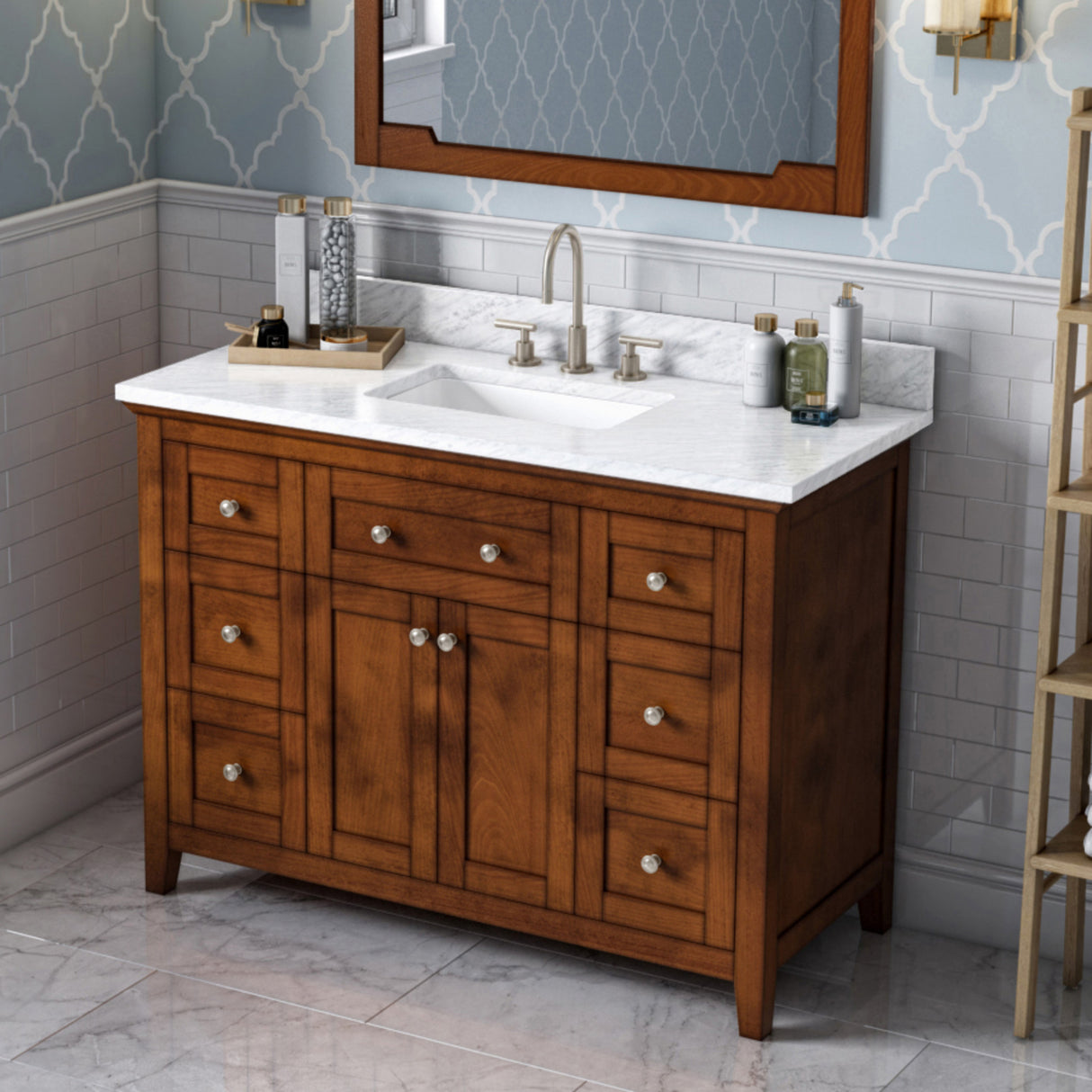 Jeffrey Alexander Chatham 48" Chocolate Single Sink Bathroom Vanity with White Carrara Marble Top - 8 in. Widespread Faucet Top product image 2