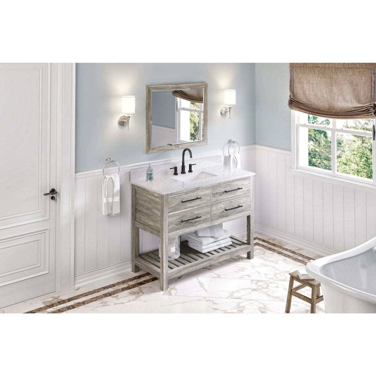 Jeffrey Alexander Wavecrest 48" Weathered Grey Single Sink Bathroom Vanity with White Carrara Marble Top - 8 in. Widespread Faucet Top