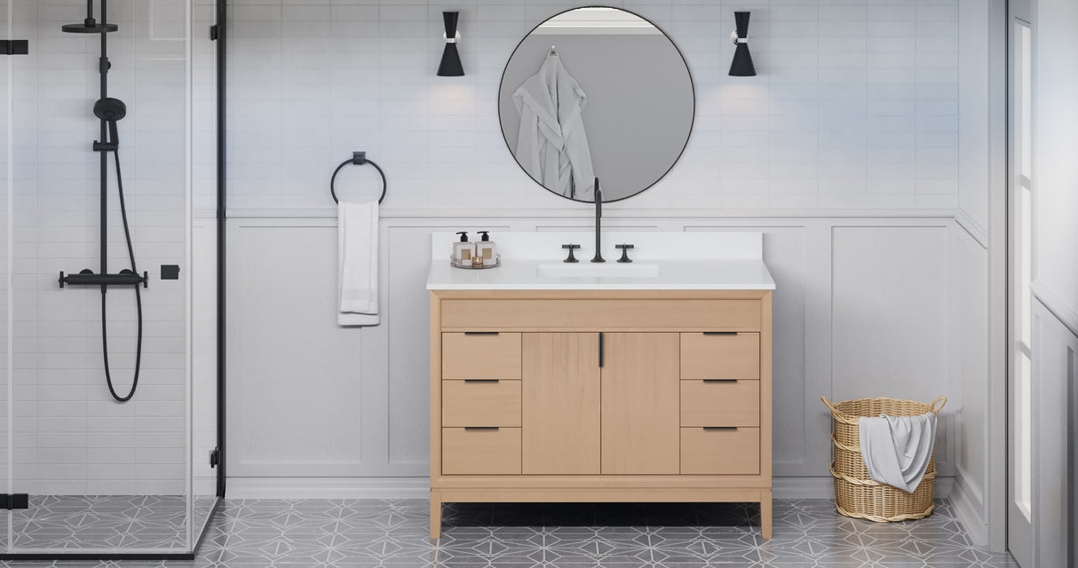 Jeffrey Alexander Theodora 48" Natural Oak Single Sink Bathroom Vanity with White Quartz Top - 8 in. Widespread Faucet Top product image 6