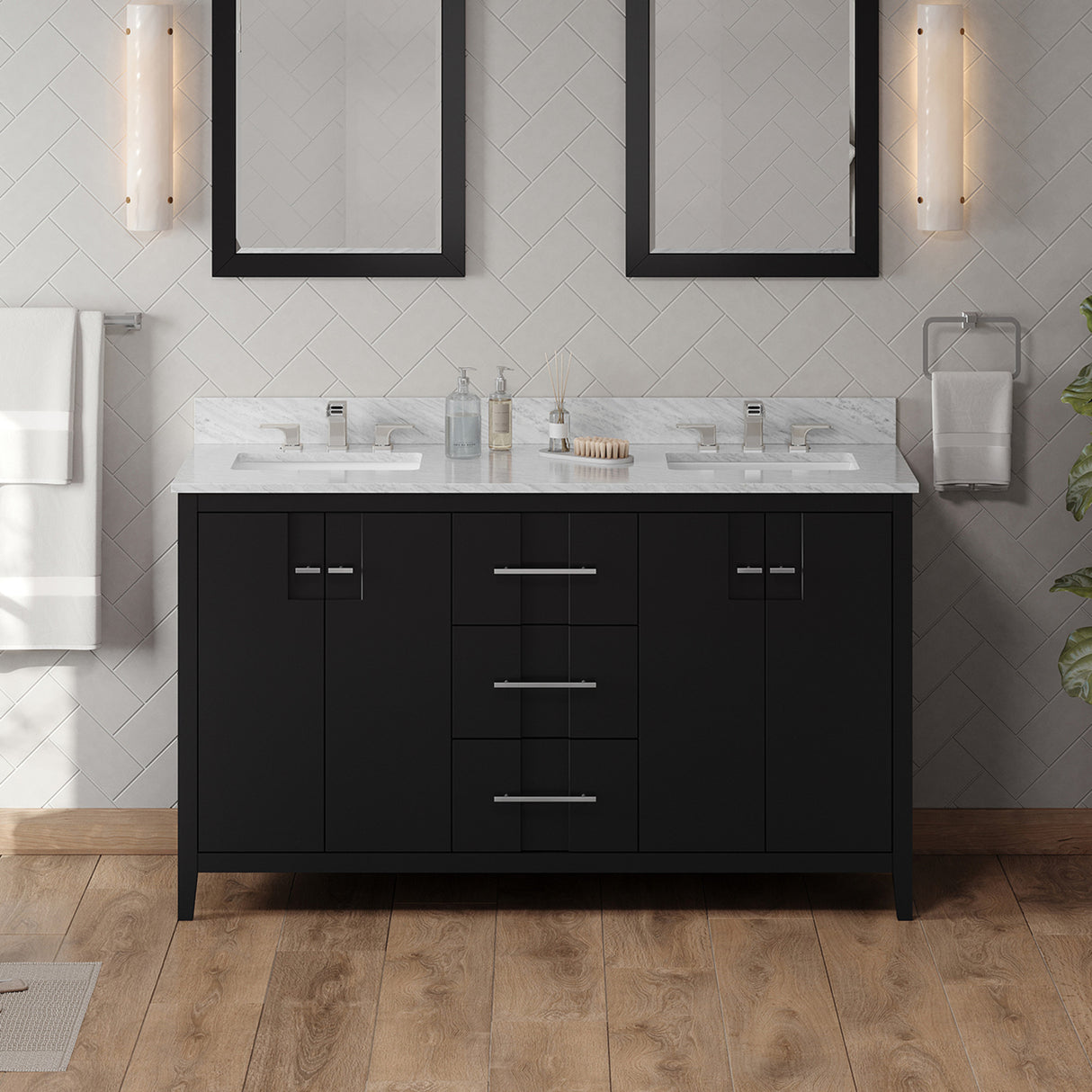 Jeffrey Alexander Katara 60" Black Double Sink Bathroom Vanity with White Carrara Marble Top - 8 in. Widespread Faucet Top product image 2