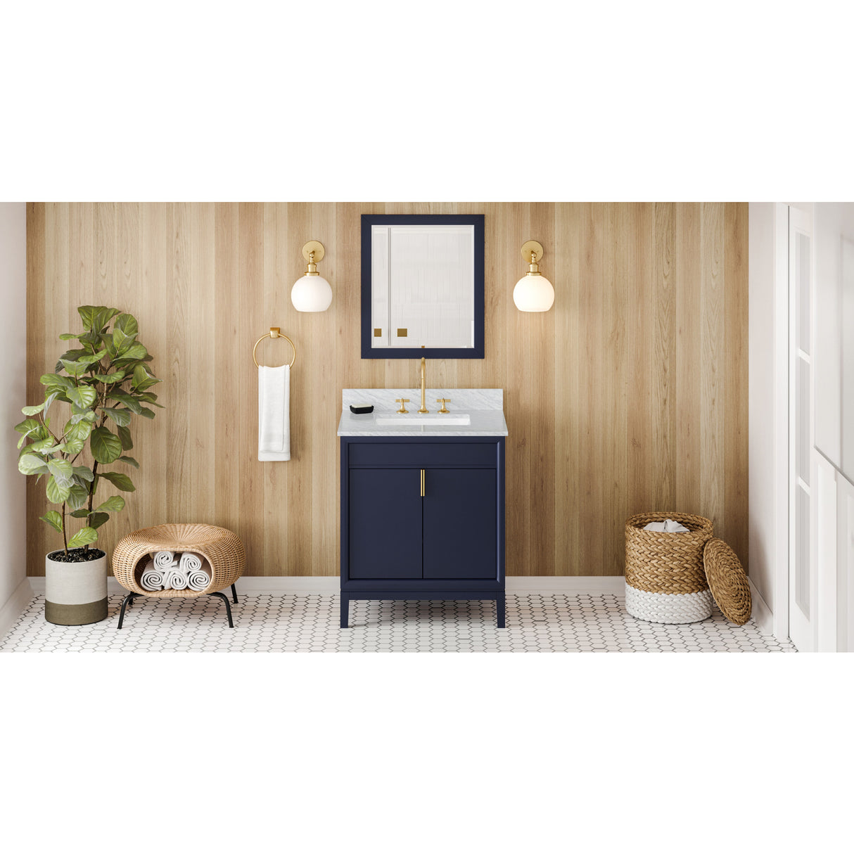 Jeffrey Alexander Theodora 30" Hale Blue Single Sink Bathroom Vanity with White Carrara Marble Top - 8 in. Widespread Faucet Top