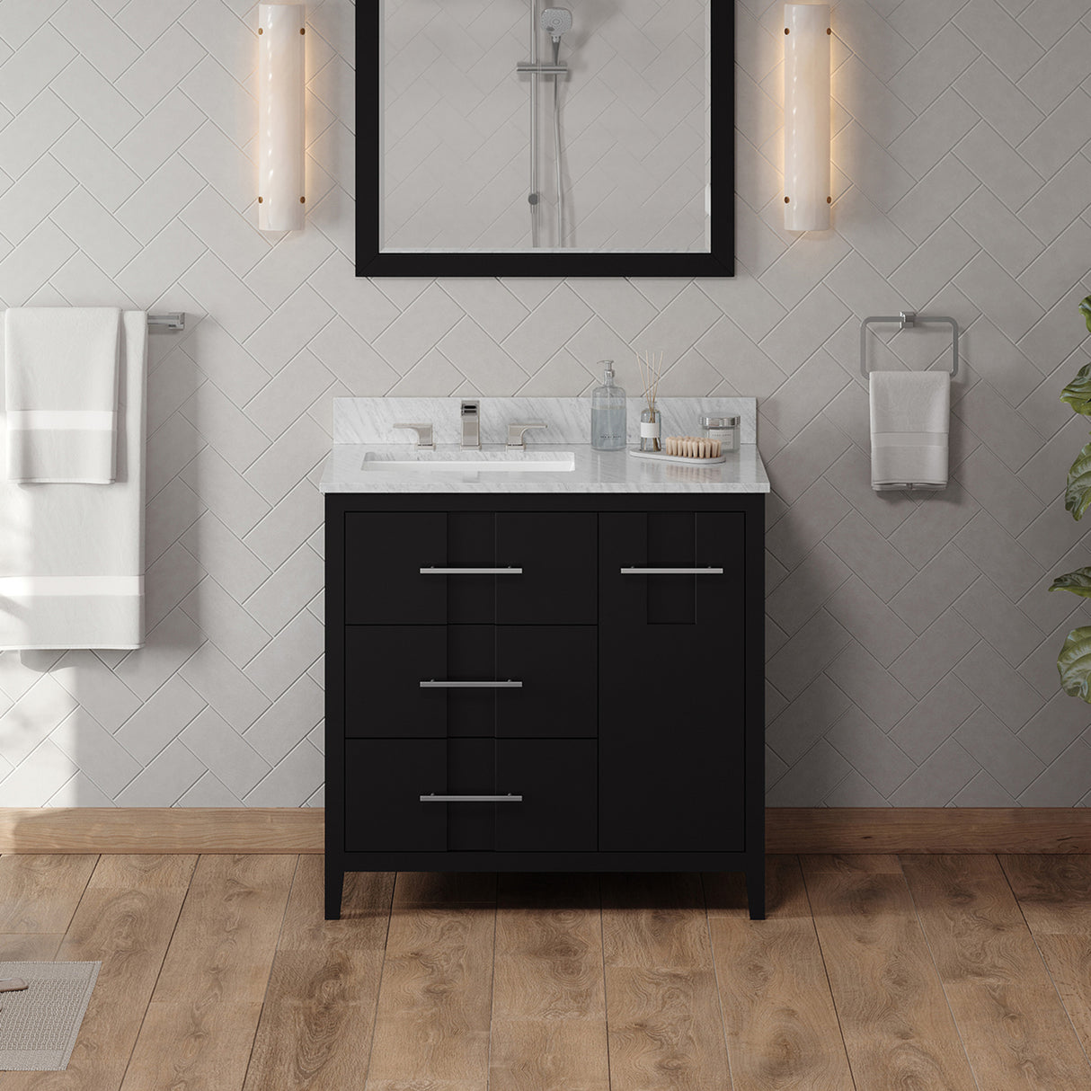 Jeffrey Alexander Katara 36" Black Single Sink Bathroom Vanity with White Carrara Marble Top - 8 in. Widespread Faucet Top product image 2