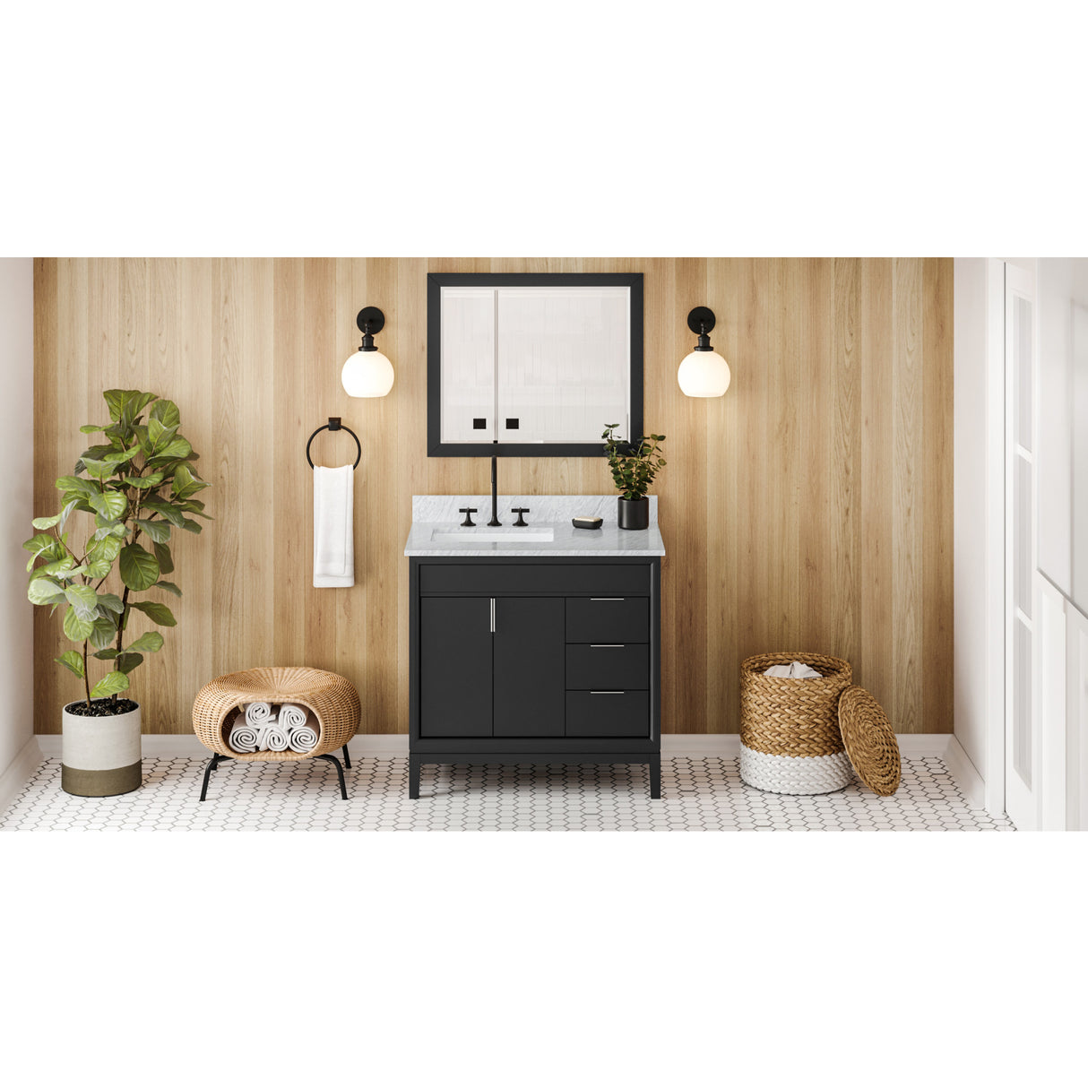 Jeffrey Alexander Theodora 36" Black Single Sink Bathroom Vanity with White Carrara Marble Top - 8 in. Widespread Faucet Top