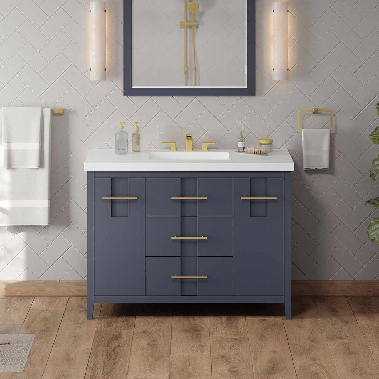 Jeffrey Alexander Katara 49" Blue Steel Single Sink Bathroom Vanity with White Resin Top - 8 in. Widespread Faucet Top