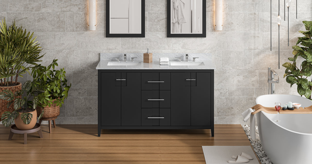 Jeffrey Alexander Katara 60" Black Double Sink Bathroom Vanity with White Carrara Marble Top - 8 in. Widespread Faucet Top product image 7