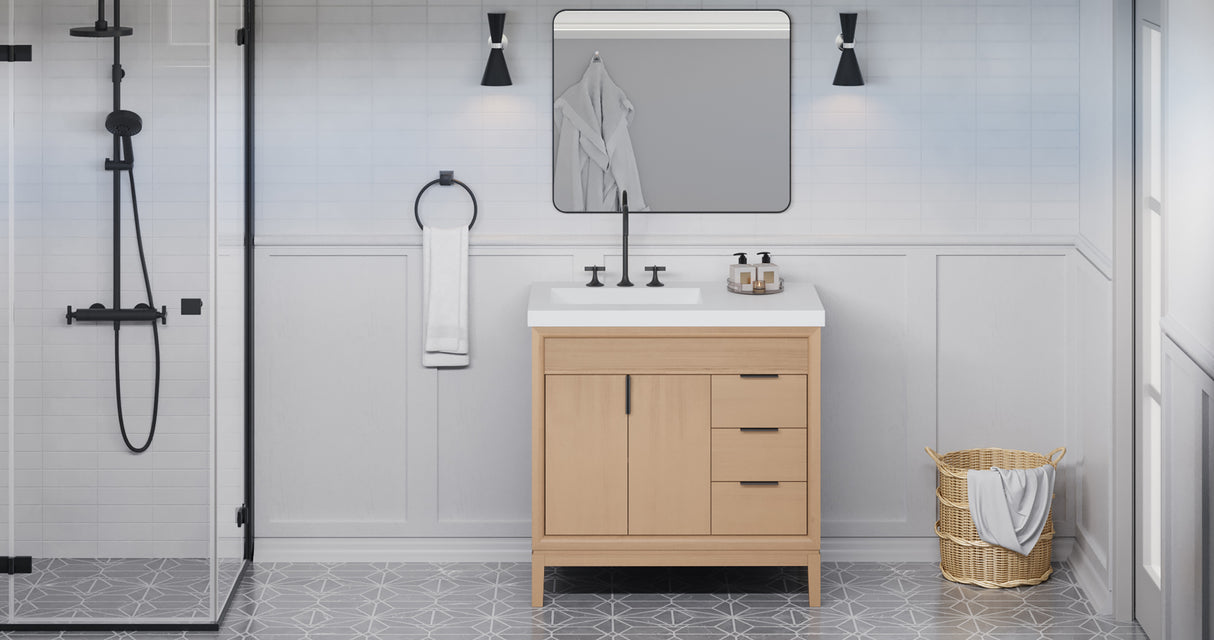 Jeffrey Alexander Theodora 36" Natural Oak Single Sink Bathroom Vanity with White Resin Top - 8 in. Widespread Faucet Top product image 5