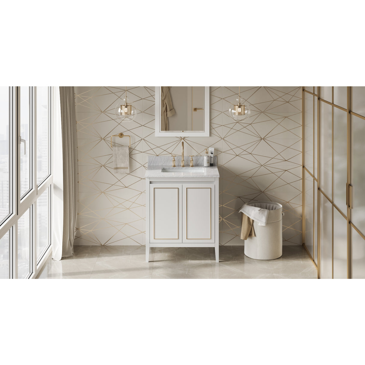 Jeffrey Alexander Percival 30" White Single Sink Bathroom Vanity with White Carrara Marble Top - 8 in. Widespread Faucet Top