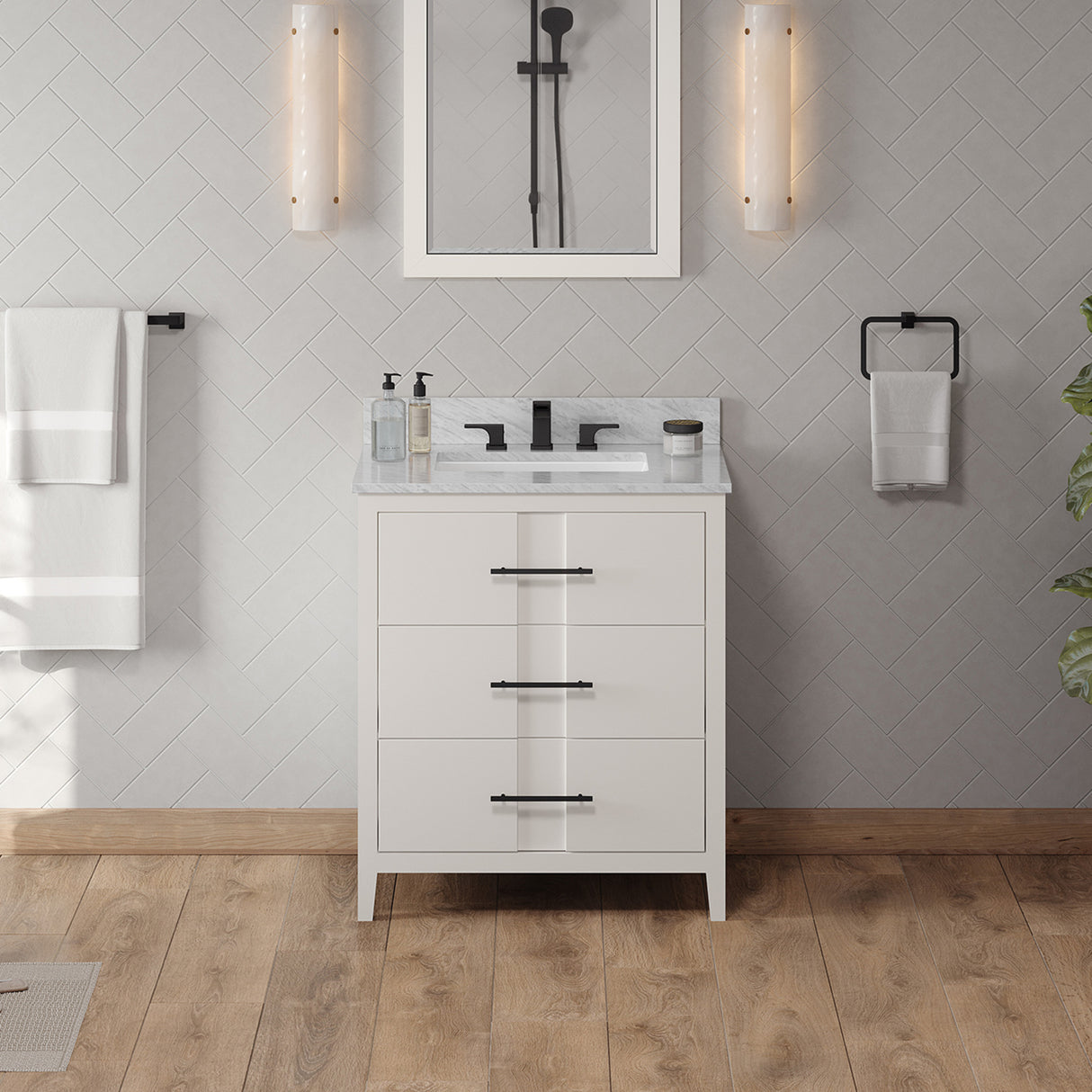 Jeffrey Alexander Katara 30" White Single Sink Bathroom Vanity with White Carrara Marble Top - 8 in. Widespread Faucet Top product image 2