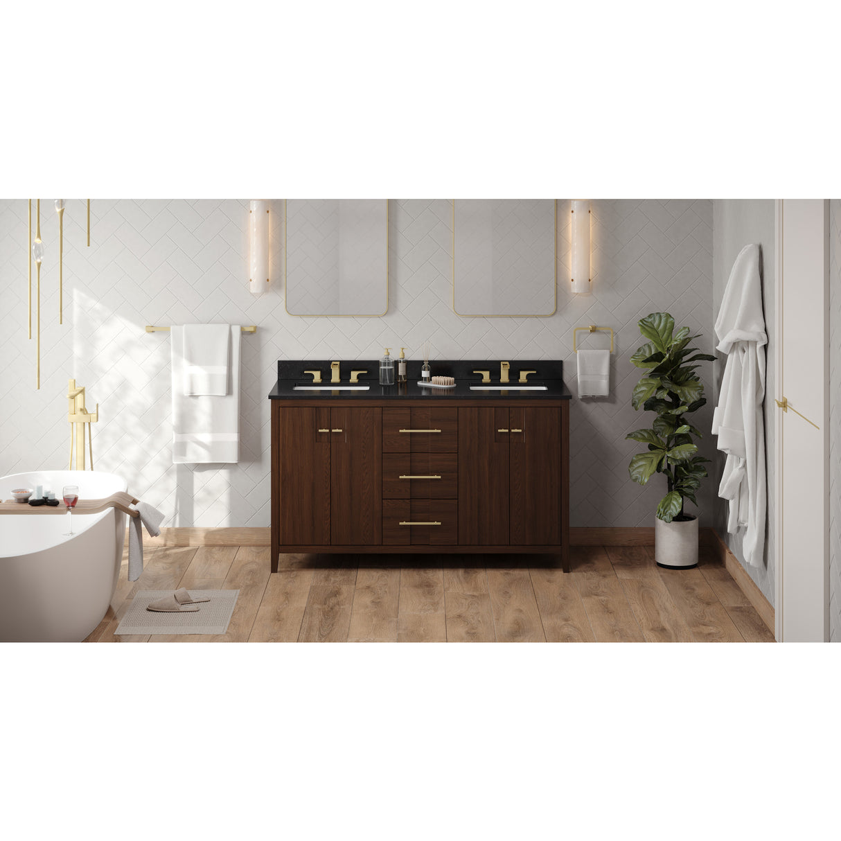 Jeffrey Alexander Katara 60" Dark Walnut Double Sink Bathroom Vanity with Black Granite Top - 8 in. Widespread Faucet Top