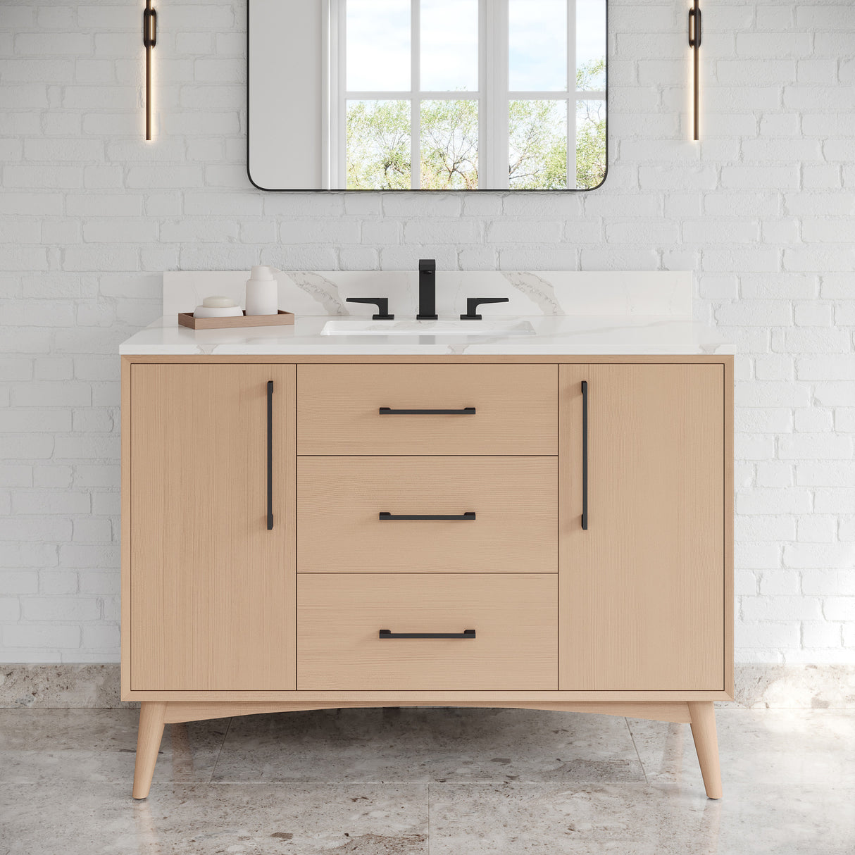 Jeffrey Alexander Dashwood Natural Oak Single Sink Bathroom Vanity with Calacatta Vienna Quartz Top - 8 in. Widespread Faucet Top - VKITDAS48NOCQR product image 2