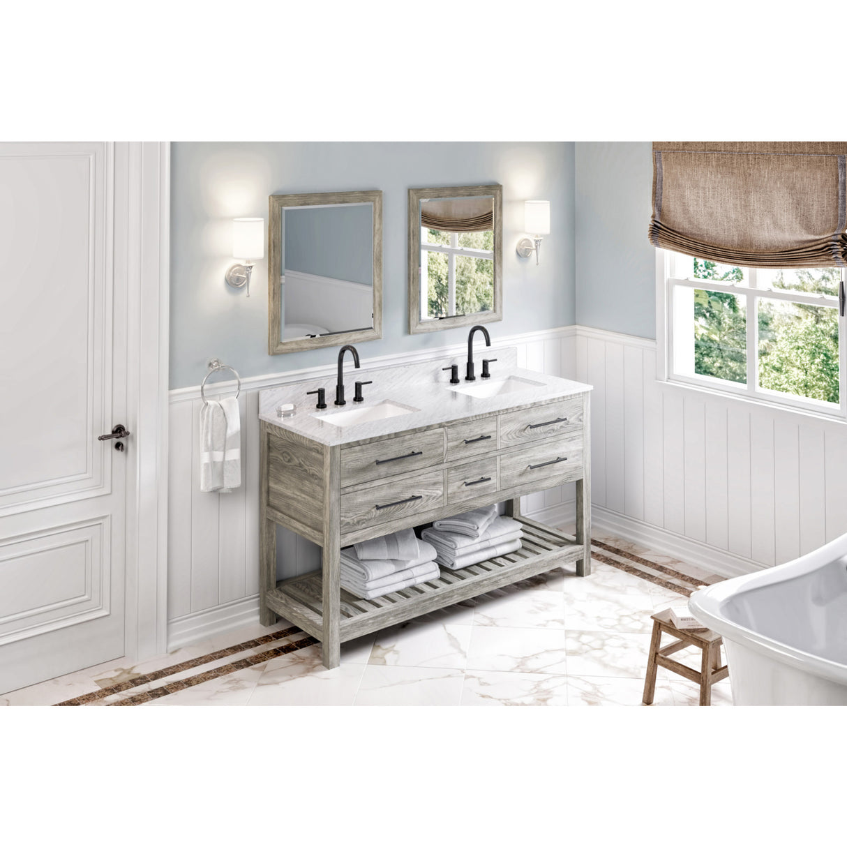 Jeffrey Alexander Wavecrest 60" Weathered Grey Double Sink Bathroom Vanity with White Carrara Marble Top - 8 in. Widespread Faucet Top
