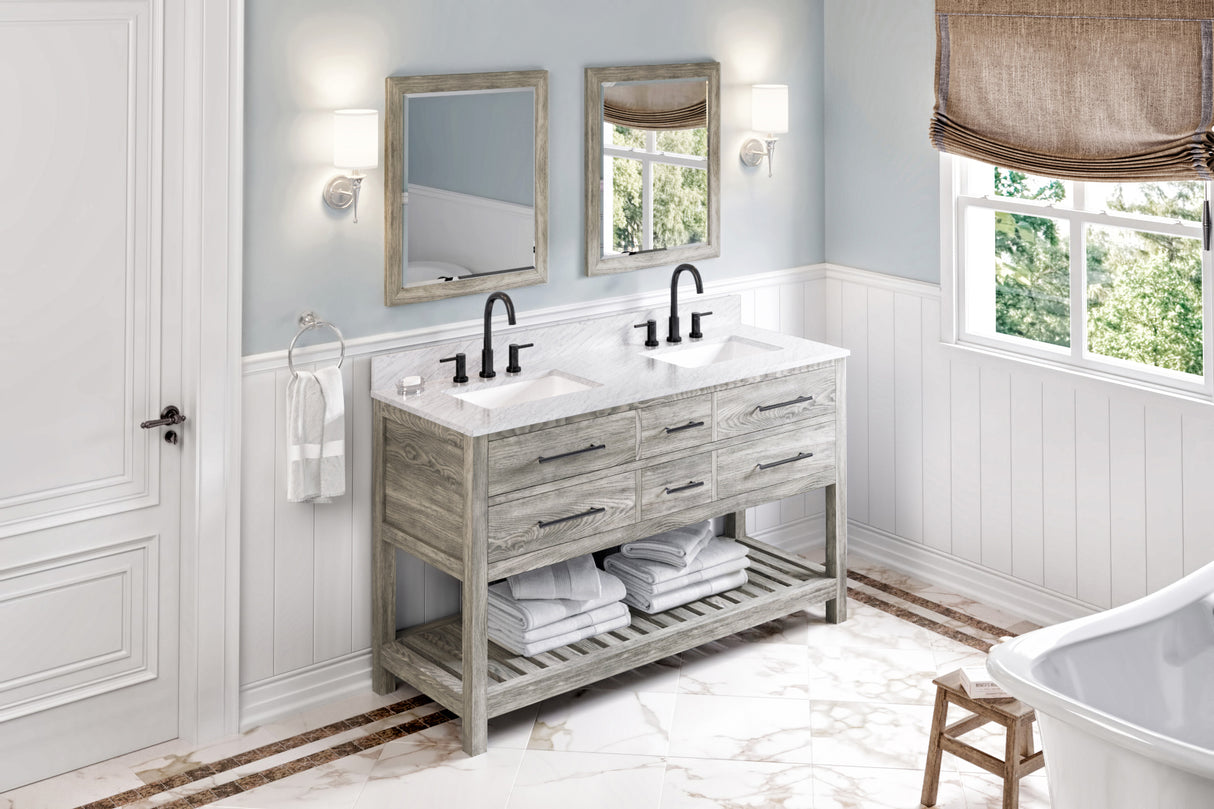 Jeffrey Alexander Wavecrest 60" Weathered Grey Double Sink Bathroom Vanity with White Carrara Marble Top - 8 in. Widespread Faucet Top product image 7