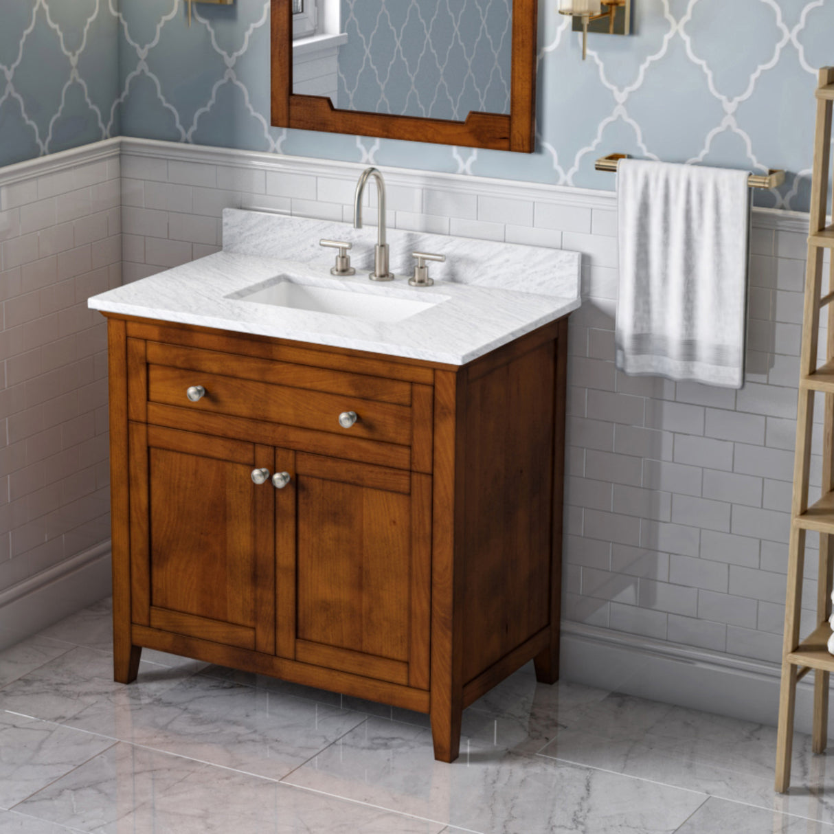 Jeffrey Alexander Chatham 36" Chocolate Single Sink Bathroom Vanity with White Carrara Marble Top - 8 in. Widespread Faucet Top product image 2