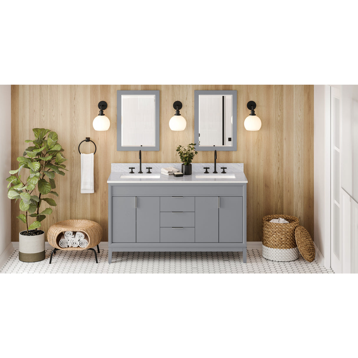 Jeffrey Alexander Theodora 60" Grey Double Sink Bathroom Vanity with White Carrara Marble Top - 8 in. Widespread Faucet Top