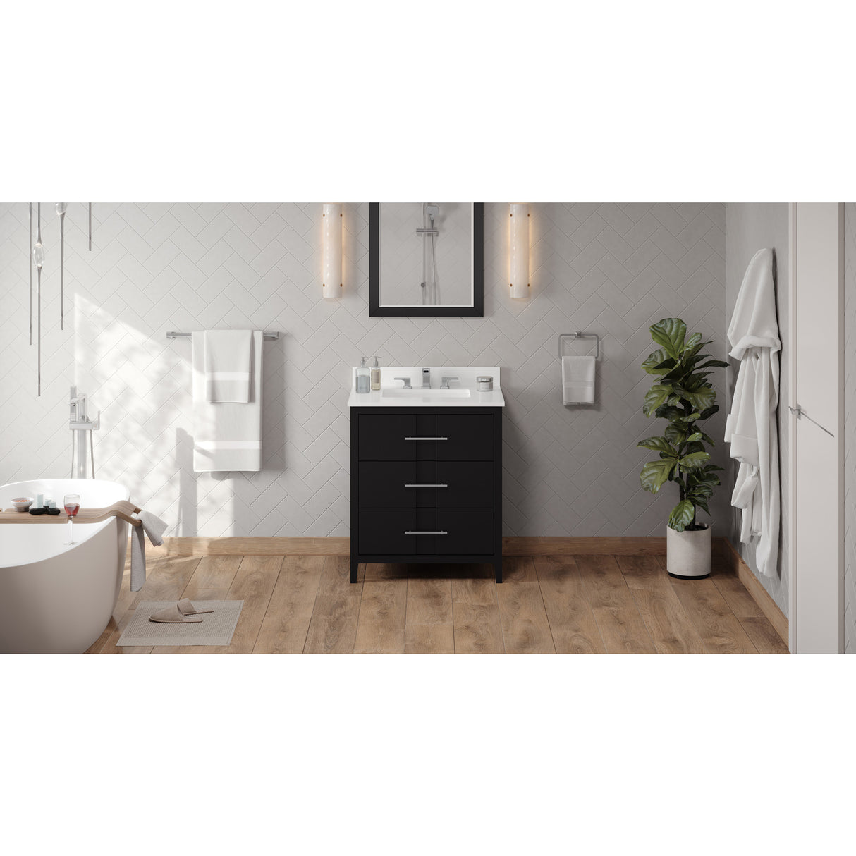 Jeffrey Alexander Katara 30" Black Single Sink Bathroom Vanity with White Quartz Top - 8 in. Widespread Faucet Top - VKITKAT30BKWQR