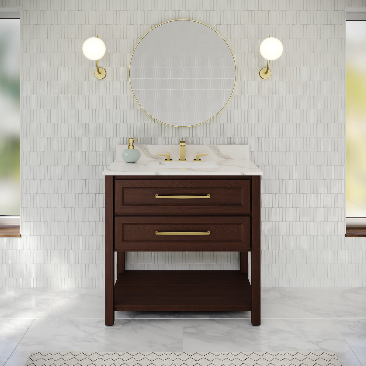 Jeffrey Alexander Kipling 37" Dark Walnut Single Sink Bathroom Vanity with White Carrara Marble Top - Single-Hole Faucet Top - VKITKIP36DWCQR