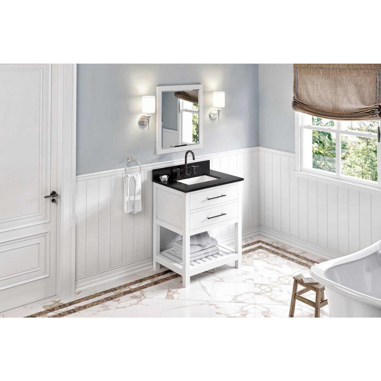 Jeffrey Alexander Wavecrest 30" White Single Sink Bathroom Vanity with Black Granite Top - 8 in. Widespread Faucet Top