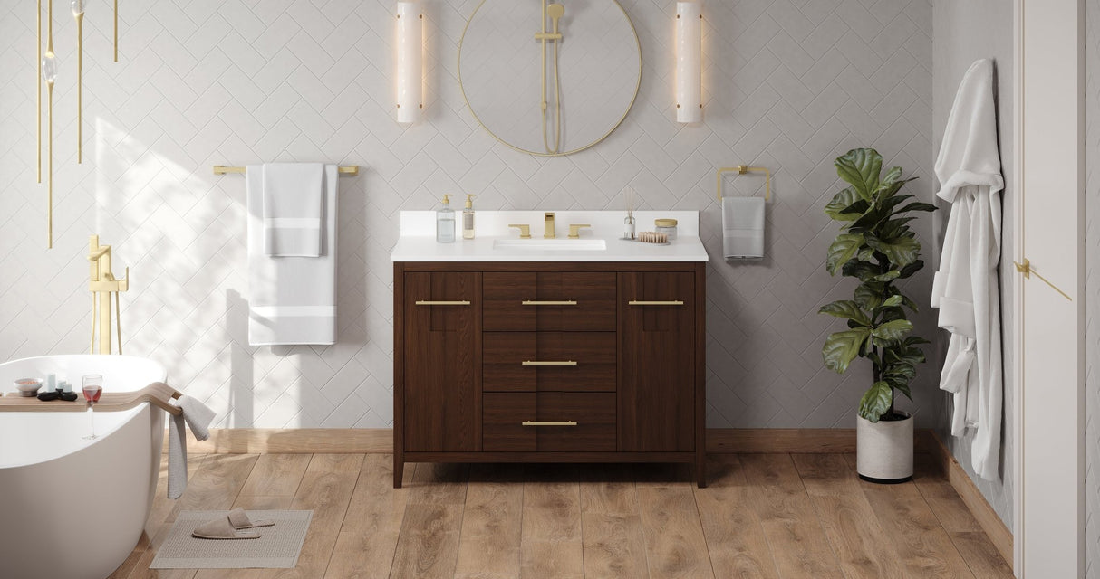 Jeffrey Alexander VKITKAT48DWWQR Katara 48" Dark Walnut Single Sink Bathroom Vanity with White Quartz Top - 8 in. Widespread Faucet Top