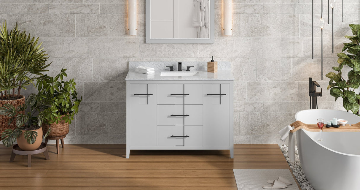 Jeffrey Alexander VKITKAT48GRWCR Katara 48" Grey Single Sink Bathroom Vanity with White Carrara Marble Top - 8 in. Widespread Faucet Top