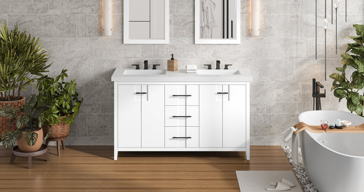 Jeffrey Alexander VKITKAT60WHRER Katara 61" White Double Sink Bathroom Vanity with White Resin Top - 8 in. Widespread Faucet Top