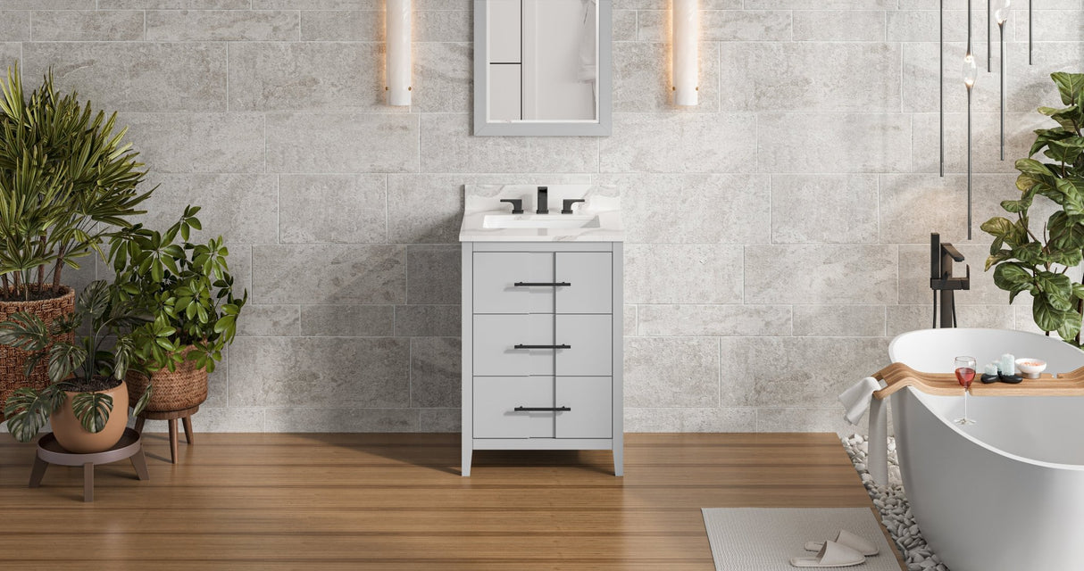 Jeffrey Alexander VKITKAT24GRCQR Katara 24" Grey Single Sink Bathroom Vanity with Calacatta Vienna Quartz Top - 8 in. Widespread Faucet Top