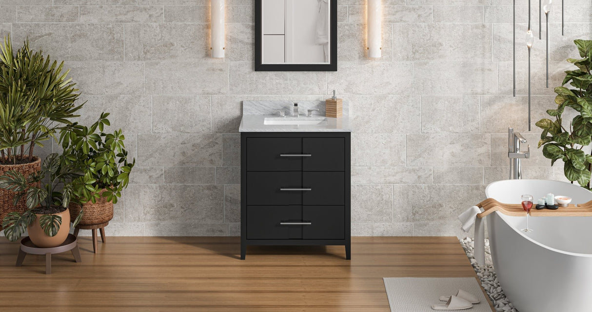 Jeffrey Alexander VKITKAT30BKWCR Katara 30" Black Single Sink Bathroom Vanity with White Carrara Marble Top - 8 in. Widespread Faucet Top