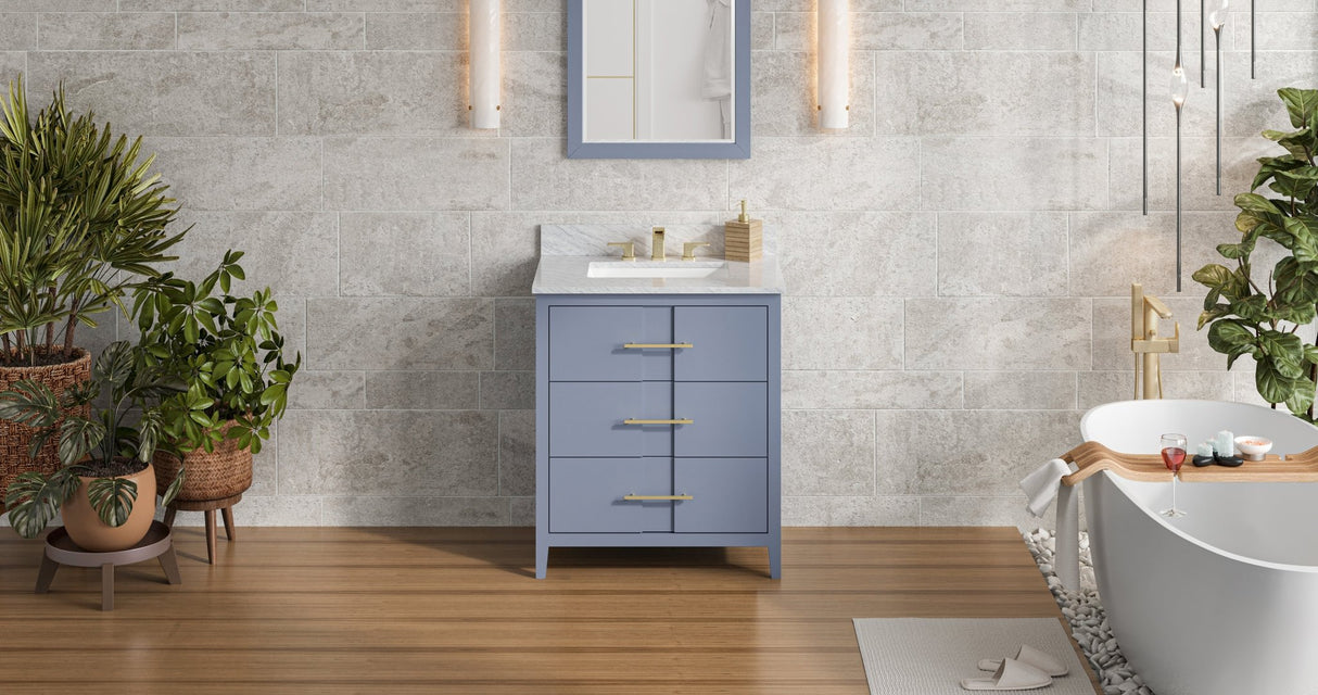 Jeffrey Alexander VKITKAT30BSWCR Katara 30" Blue Steel Single Sink Bathroom Vanity with White Carrara Marble Top - 8 in. Widespread Faucet Top