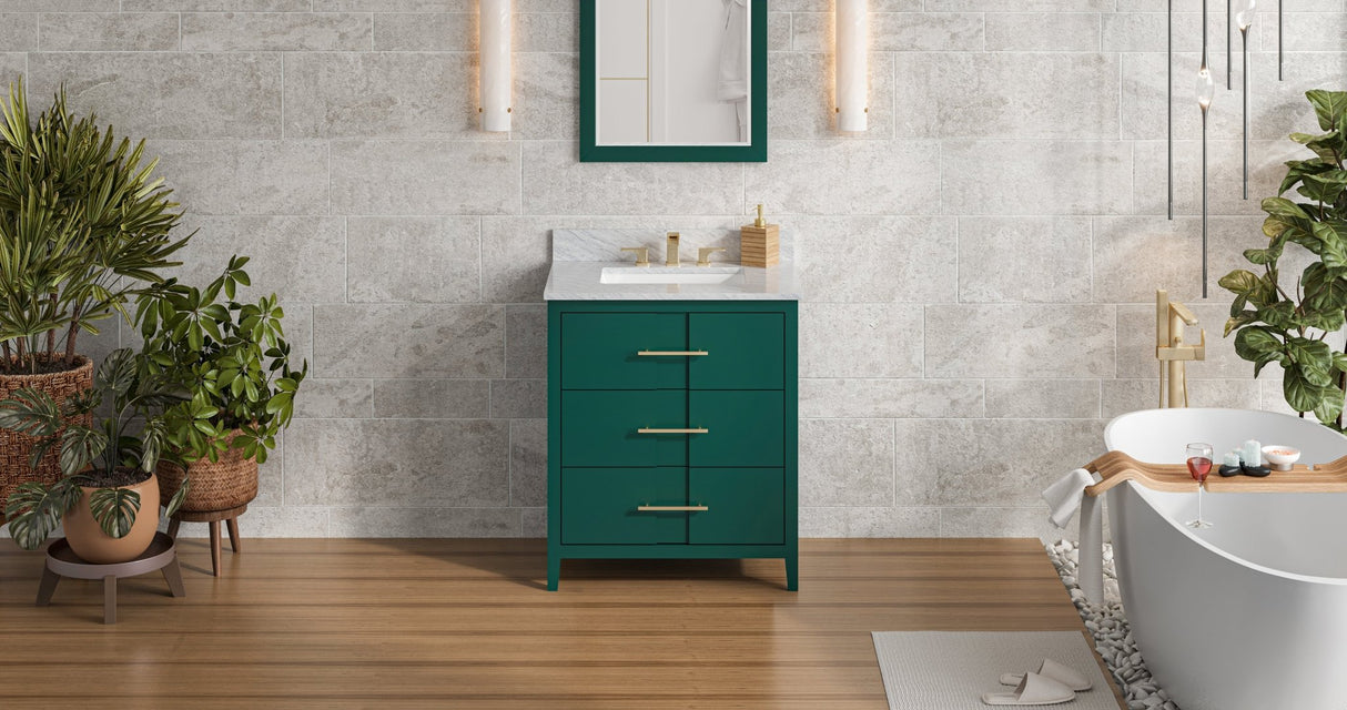 Jeffrey Alexander VKITKAT30GNWCR Katara 30" Green Single Sink Bathroom Vanity with White Carrara Marble Top - 8 in. Widespread Faucet Top