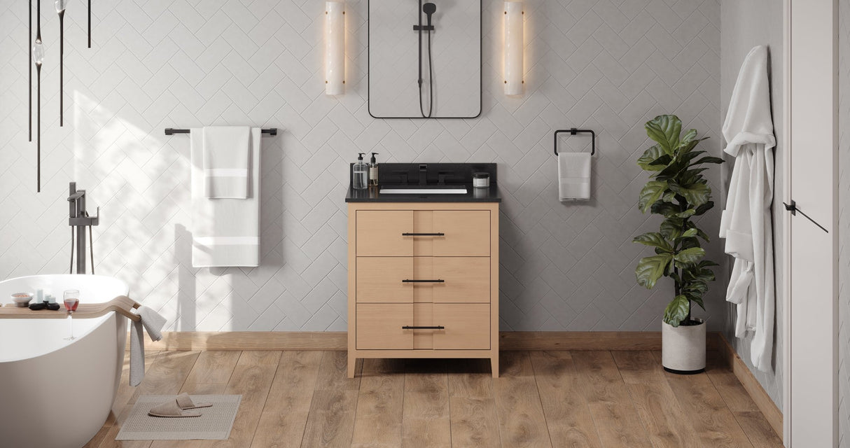 Jeffrey Alexander VKITKAT30NOBGR Katara 30" Natural Oak Single Sink Bathroom Vanity with Black Granite Top - 8 in. Widespread Faucet Top