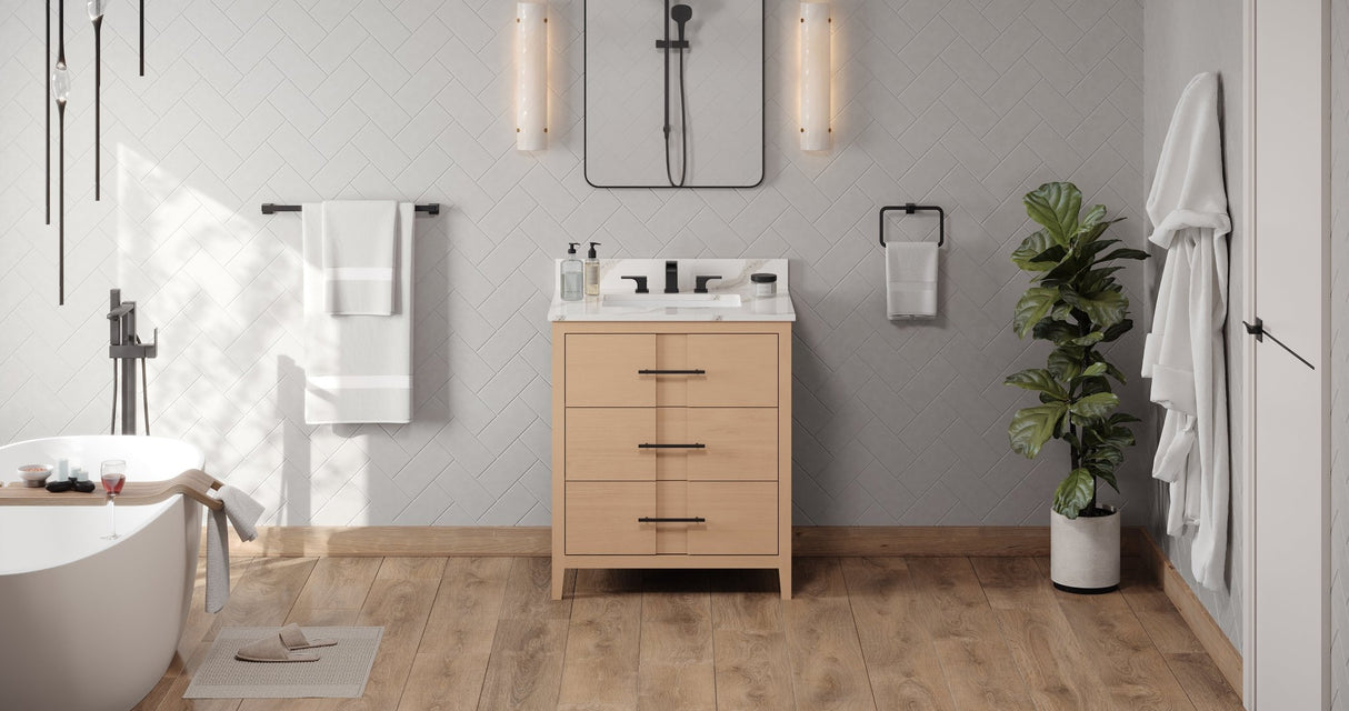 Jeffrey Alexander VKITKAT30NOCQR Katara 30" Natural Oak Single Sink Bathroom Vanity with Calacatta Vienna Quartz Top - 8 in. Widespread Faucet Top