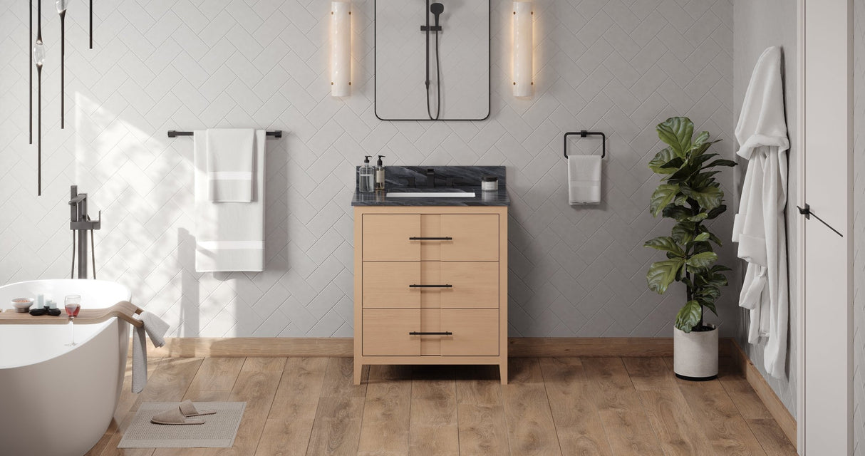 Jeffrey Alexander VKITKAT30NOMGR Katara 30" Natural Oak Single Sink Bathroom Vanity with Grey Marble Top - 8 in. Widespread Faucet Top