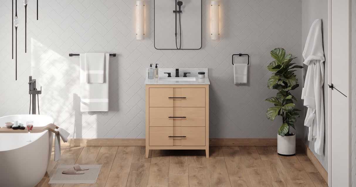 Jeffrey Alexander VKITKAT30NOWCR Katara 30" Natural Oak Single Sink Bathroom Vanity with White Carrara Marble Top - 8 in. Widespread Faucet Top