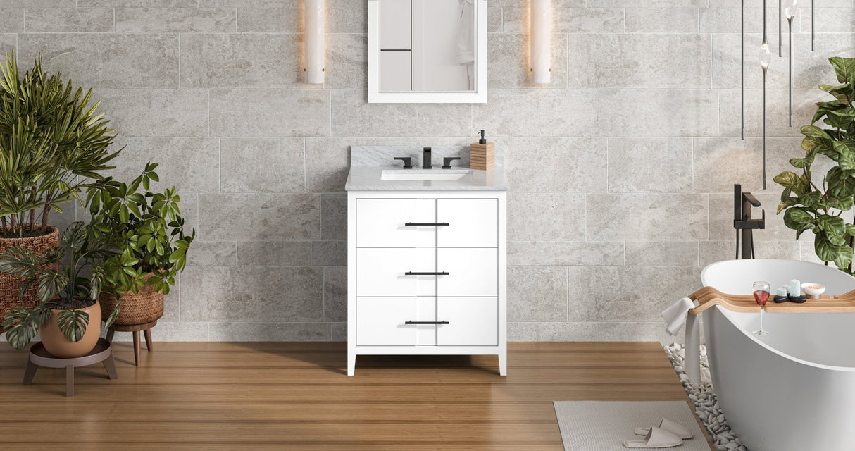 Jeffrey Alexander VKITKAT30WHWCR Katara 30" White Single Sink Bathroom Vanity with White Carrara Marble Top - 8 in. Widespread Faucet Top